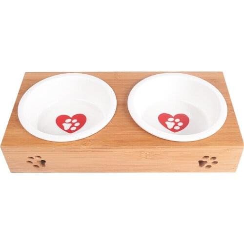 KIMHOME PET Dog Feeders Stainless Steel Dog Bowls Bamboo Rack Ceramic Double Bowl Lovely Pet Food Water Drink Dishes Feeder S/L
