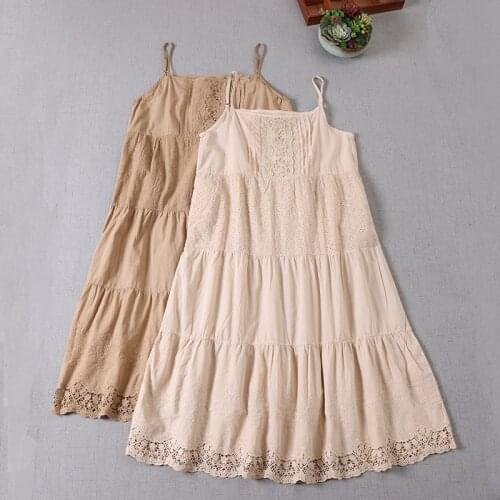 Japan Style Mori Girl Literary Fresh Cotton Embroidery Sling Dress Lace Loose Sleeveless Dress