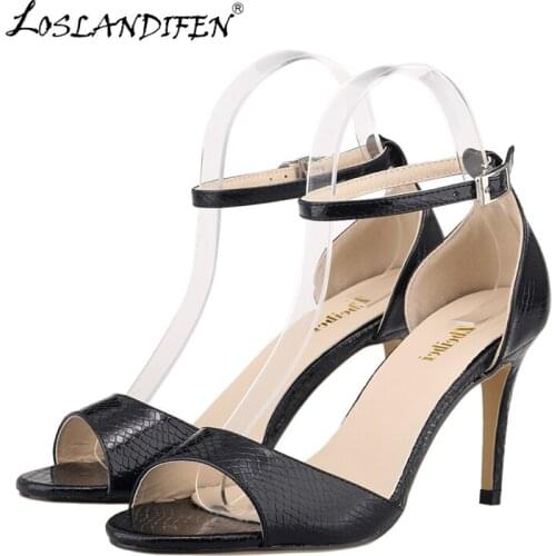 LOSLANDIFEN Summer Women Pumps Open Toe Ankle Straps High Heel Shoes Party Fashion Faux Crocodile Pattern Sandals107-1XEY