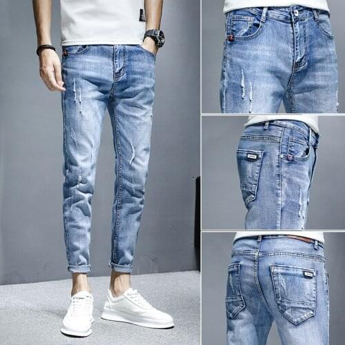Fashion 2021 street students Denim Jeans mens Korean feet brand stretch mens trousers summer thin casual teenager ripped pants