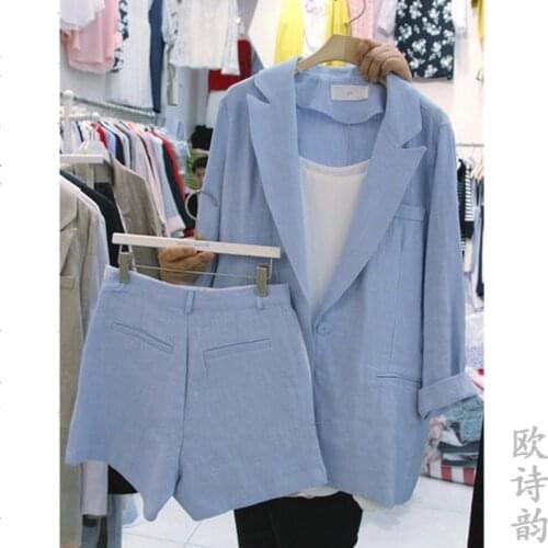 Fashion suit Women new style version of loose cotton and linen small suit jacket shorts suit linen OL 2-piece set