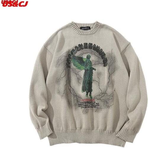 Men Hip Hop Knitted Jumper 2021 Autumn New Harajuku High Street O Neck Sweater CasualPullover Angel Lightning Printed Streetwear
