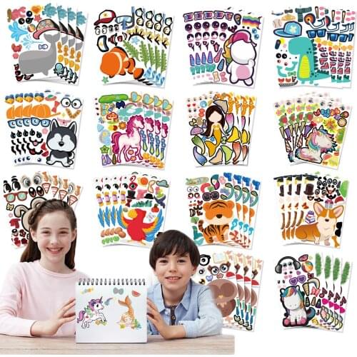 10 Sheets Kids DIY Stickers Puzzle Make-a-Face Unicorn Princess Animal Assemble Jigsaw Gift Recognition Training Education Toy