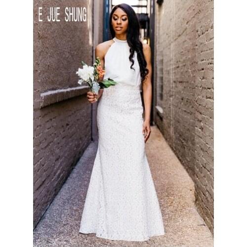 E JUE SHUNG Simple African Mermaid Wedding Dresses Halter Neck Backless Lace Bridal Gowns Bride Dresses vestido de noiva
