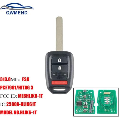 BHKEY 2+1 Buttons Remote Car key For Honda 313.8Mhz PCF7961 Chip For Honda CR-V 2013 2014 2015 MLBHLIK6-1T Car keys
