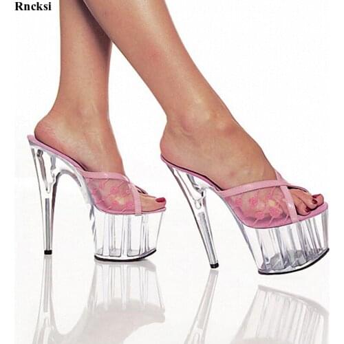 Rncksi New Lace Womens Shoes 15cm Ultra High Heels Slipper Shoes 6 Inch High Heels Crystal Platforms Shoes