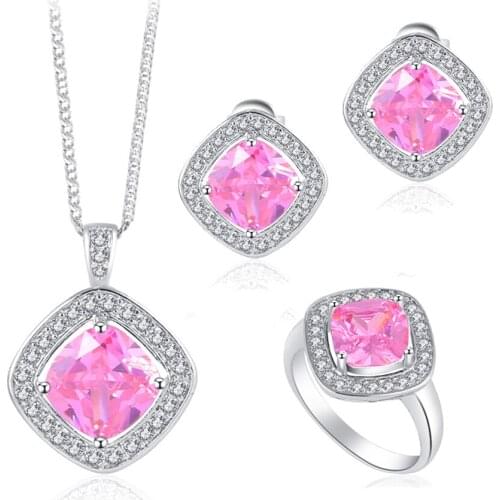 ROLILASON Silver Stamped Earring Necklace Fashion Jewelry Sets Ring Pink Crystal zirconia Sz #5.5 #7 #8 #8.5 #9 #9.5 JS634