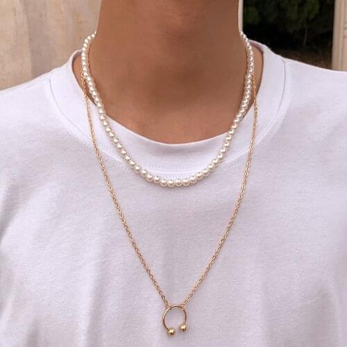 SHIXIN New Trendy 2 Pcs Layered Pearl Pendant Necklaces Set for Men/Women Punk Hip Hop Necklaces Fashion Neck Jewelry 2021 Gifts