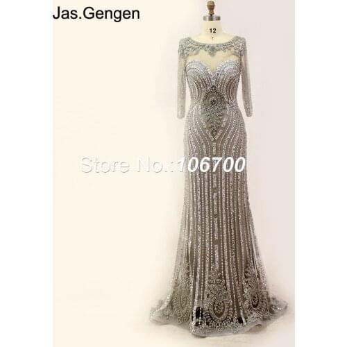 Embroidery Lace Heavy Crystal Beaded Evening Dresses With Three Quarter Sleeve Illusion Back Long Prom 823NA