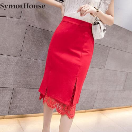 Plus Size Lace Patchwork Skirt Women 2021 Streetwear Korean Fashion Skirts Stretch Open Split Slim Elegant Black Pencil Skirt