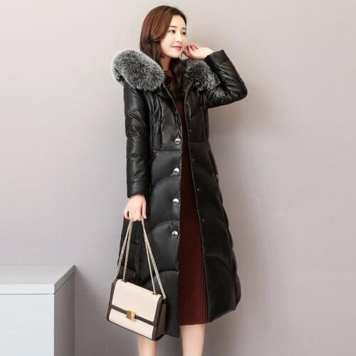Women Winter Sheepskin Genuine Leather Jacket Fox Fur Collar Hooded Duck Down Long Coat Chaqueta Mujer Q852 YY528