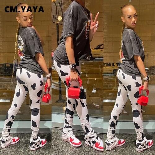 CM.YAYA Full Length Pants for Women Cow Print Pleated Flared Stacked Pencil Pants Mid Waist Skinny Office Casual Trouser Spring