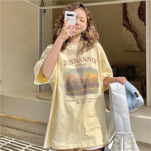 Womens T-shirts Tops Japanese Kawaii Ulzzang Retro Letter Print Ins Loose Tshirt Female Korean Harajuku Clothes For Women