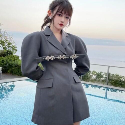 Ladies Elegant Runway Designer Long-Sleeved Jacket Stitching Diamond Crystal Accessories Notched Straight Loose Blazer 2021 New