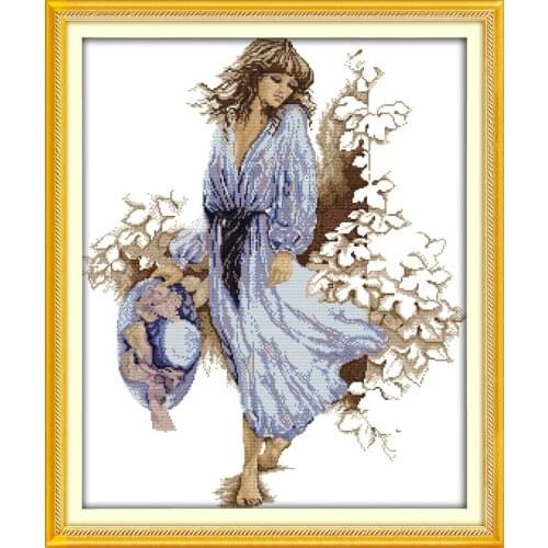 The Woman in the Blue Dress Cross stitch kits white 11CT Print Paintings Embroidery DIY handmade Needle Work Home Decor Ricamo