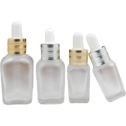 10ml 20ml 30ml 50ml Square Glass Dropper Bottle Gold Silver Ring White Top Cosmetic Packaging Empty Frost Essential Oil Vials