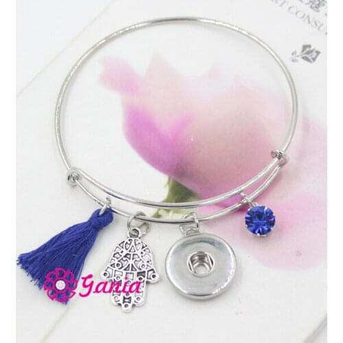 10PCS/LOT NEW Navy Blue Tassel Crystal Charm Fit snap jewelry Hamsa Wire Bangle Bracelets for Women Interchangeable 18mm Buttons