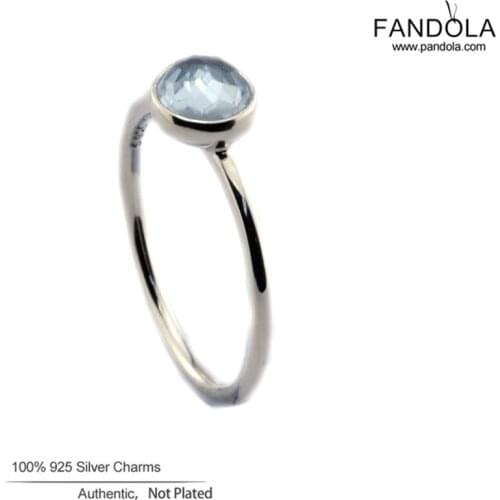 Authentic 925 Sterling Silver Ring Aqua Blue Crystal March Droplet Birthstones Ring for Women Girl Wedding Jewelry