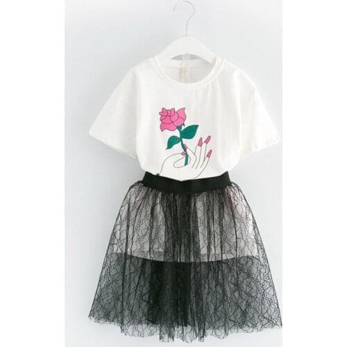 2019 Kids girls summer sets children new fashion floral print cotton long T-shirt + Mesh skirt clothing set 3-8 years