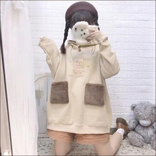 Deeptown Kawaii Hoodies Women Winter Cute Print Plus Velvet Sweatshirt Long Sleeve Splice Tops Korean Style Casual Pullover