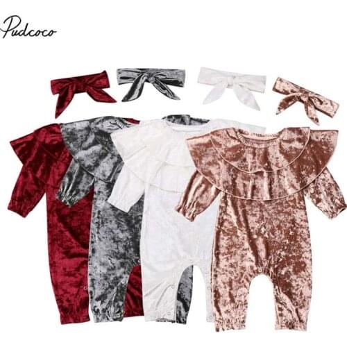 2019 Baby Spring Autumn Clothing Infant Baby Girl Boy Velvet Romper Long Sleeve Jumpsuit+Headband Ruffled Collar Clothes Outfits