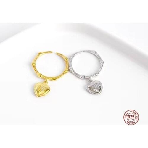 LKO Love Heart Letter M Charm Ring 925 Sterling Silver Resizable Opening Rings For Women Girls Party Chic Jewelry Ornaments