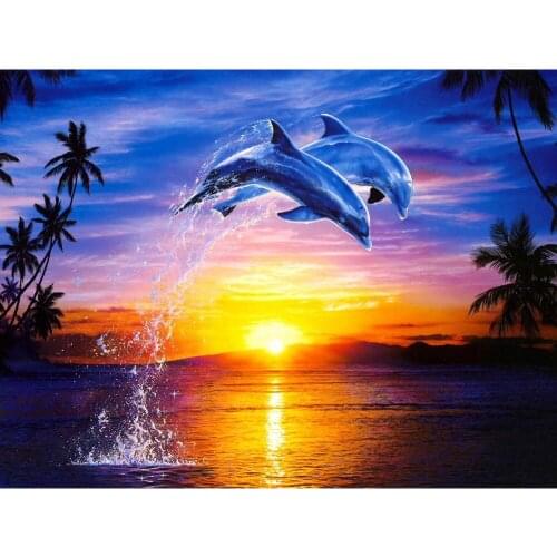 Wall Decor Art 5D Diy Diamond Painting Dolphins Swim Square Drill Full Diamond Embroidery Needlework Home Decoration