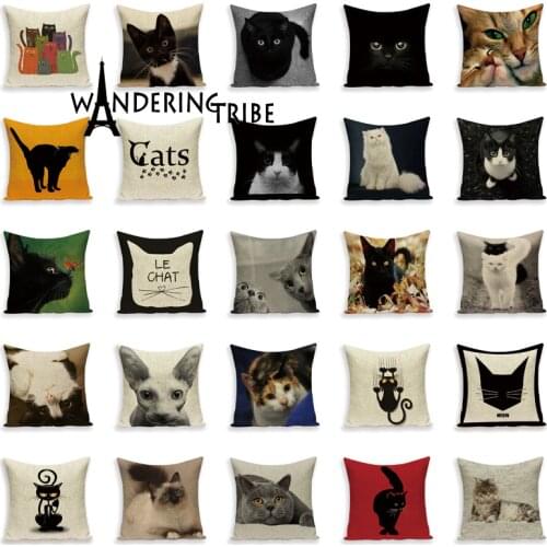 Wandering Tribe New Cartoon Lovely Cat Black Decorative Cushion Cover Throw Pillowcase Linen Fabric Home Decor Sofa Bed Kissen