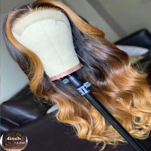 BLG Colored Lace Part Wig Human Hair Lace Wigs For Women Body Wave Lace Wig T Shaped Ombre Human Hair Wig Remy Highlighted Hair