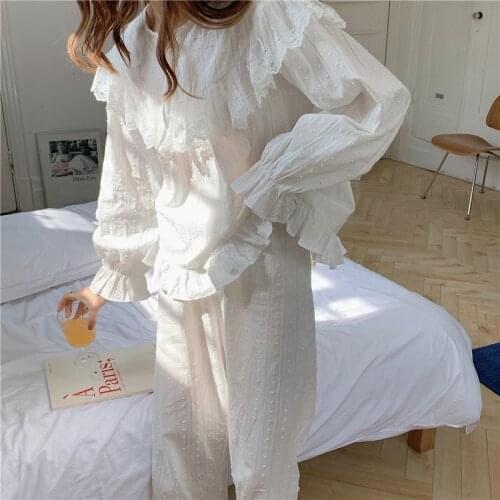 Pure Cotton Lace Elegant Women Pajamas Cotton Sweet Palace Style Pajamas Set Ladies Home Clothes