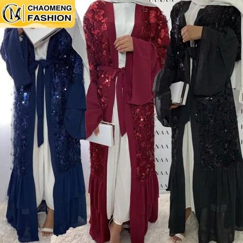 Luxury Sequins Tassel Muslim Abaya Maxi Dress Flare Sleeves Long Robe Gowns Kimono Jubah Arabic Dubai Islamic Woman Clothing