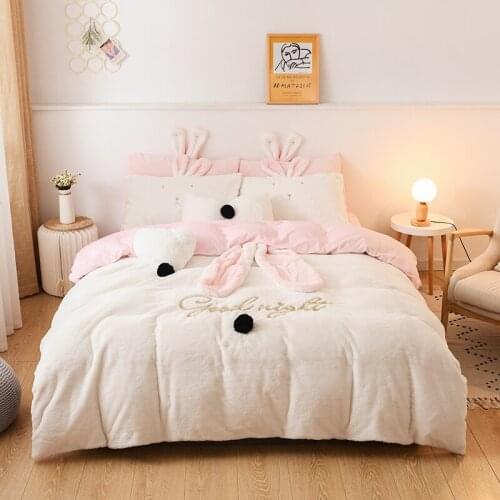 -Luxury Solid Color Fleece fabric Bedding Set Duvet Cover Sheet Pillowcase King Queen twin Size White Gray pink Bed Linen