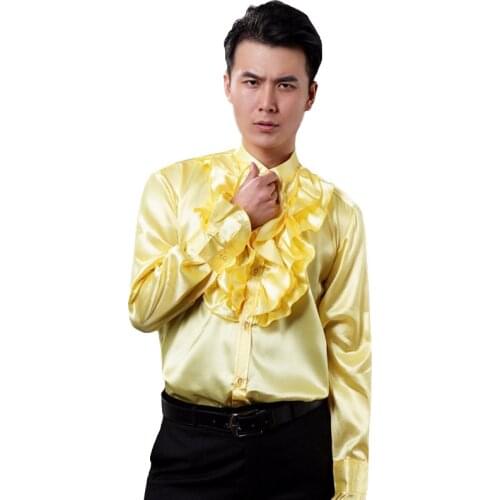 Men Tuxedo Shirts Front Ruffles Purple Stand Collar Solid Long Sleeve Blouse Male Gentleman Party Wedding Dress Slim Fit Tops