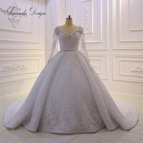 Amanda Design hochzeit Long Sleeve Lace Applique Rhinestone Crystal White Wedding Dress