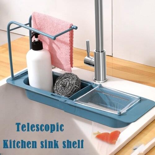 Telescopic Sink Shelf Kitchen Sink Organizer Bathroom Soap Sponge Holder Towel Hanger Adjustable Sink Drain Rack Storage Basket