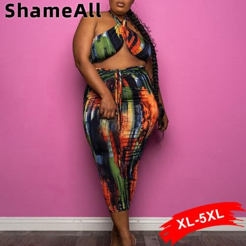 Plus Size Tie-dye Print Skirt 2 Two Pieces Sets 4XL Clubwear Halter Crop Tops and Bandage Skinny Skirts Suits Sexy Party Outfits