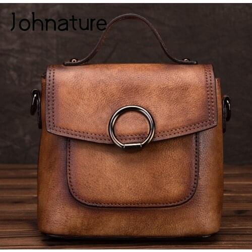 Johnature Hand Painted Retro 2020 New Women Handbag First Layer Cow Leather Bag Leisure Solid Color Lady Shoulder Messenger Bag