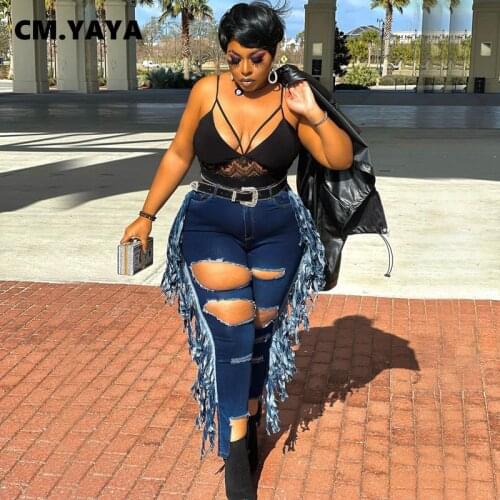 CM.YAYA Women Plus Size Jeans Tassel Ripped Hole Mid Waist Zipper Skinny Pencil Denim Pants Fashion Streetwear Autum Trousers