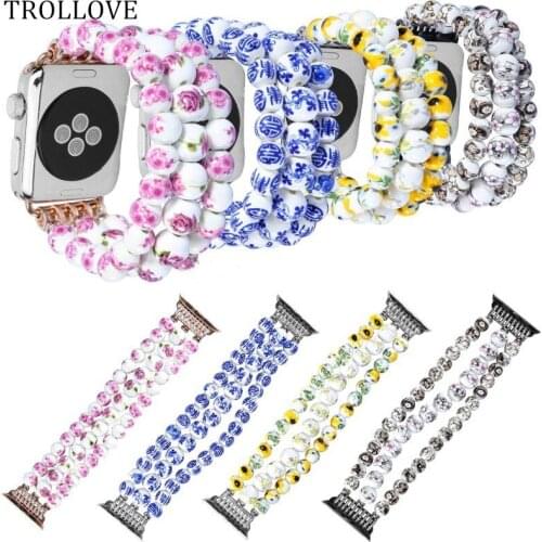 TROLLOVE Womens Flower Ceramic Beads Bracelet for Apple Watch Series 1 2 3 Band 42mm 38mm Fashion Strap Wristbands Watchband