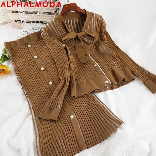 ALPHALMODA 2021 Spring Women Fashion Cardigan Skirt suit Bow Collar Single Breasted Pleated Knit Mid-calf Skirt 2pcs Set