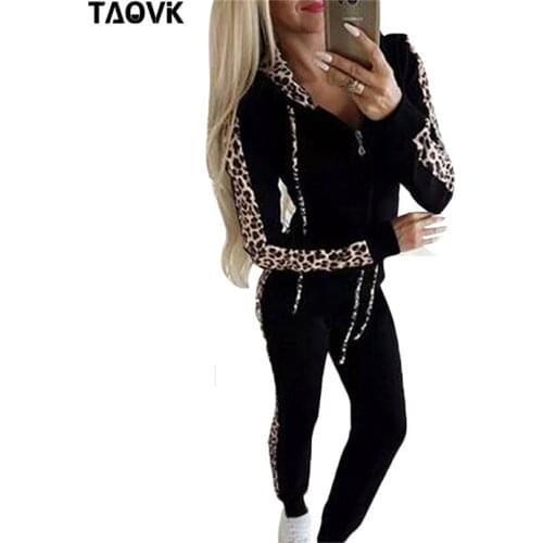 TAOVK Leopard Spliced Cotton Causal 2 Piece Set Women Front Zip Full Sleeve Tops and Fit Slim Trousers Spring Women Tracksuit