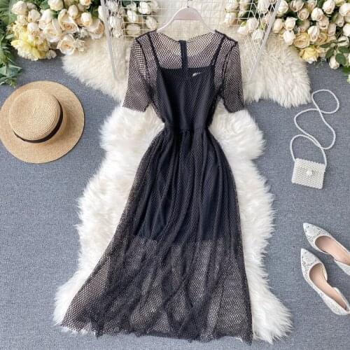 Women New Ins Fashion Sexy Perspective Hollow out fake two piece Dress 2020 Short Sleeve Casual Vestidos Verano