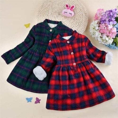 Winter Casual Children Girls Dress Cotton Patchwork Plaid Print Long Sleeve Turn-down Collar Dress Fall Teens Fleece Clothes
