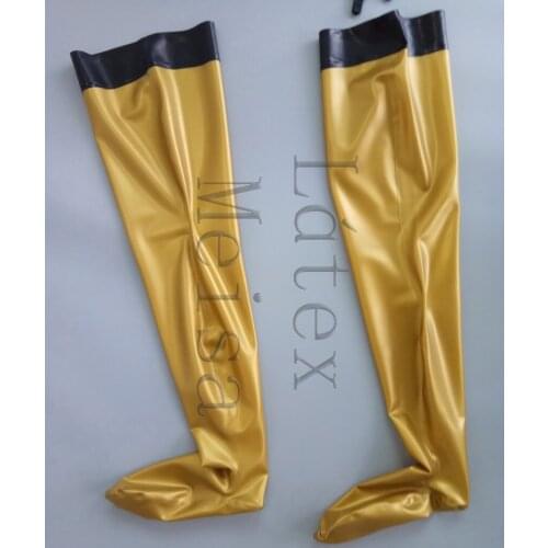 Gold tight natural latex stockings decorative with black trims on top for women