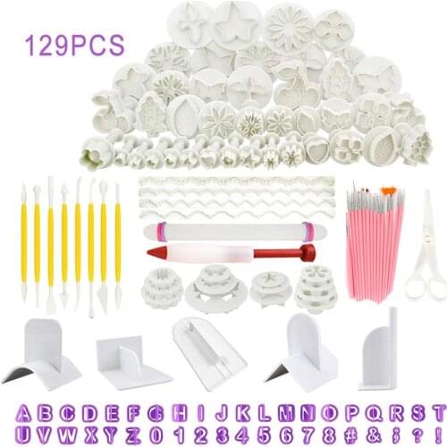 129pc Fondant Cake Decorating Tools Equipment Non-Stick Sugarcraft Plunger Cutter Moulds Cake Fondant Smoother Cake Mold