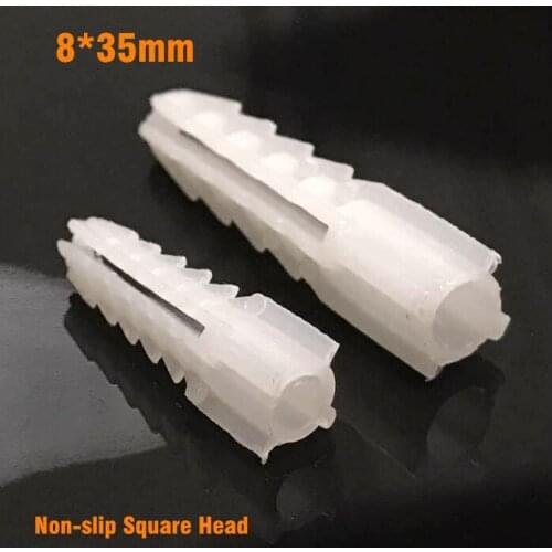 200pcs/bag 8*35mm Plastic Expansion Pipe Non-slip Square Head Self-Tapping Screw Nylon Tube bolt Wall Wood Hardware Fasteners