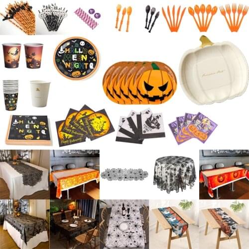 Halloween Decoration Party Disposable Tableware Tablecloth Dish Cup Knife Fork Spoon Set Carnival Dinner Party Supplies 30Pcs