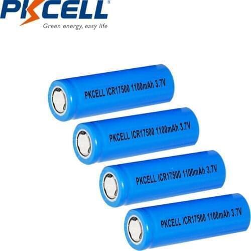 4pcs PKCELL ICR17500 1100mah 3.7v battery li-ion rechargeable batteries 17500 battery for LED flashlight