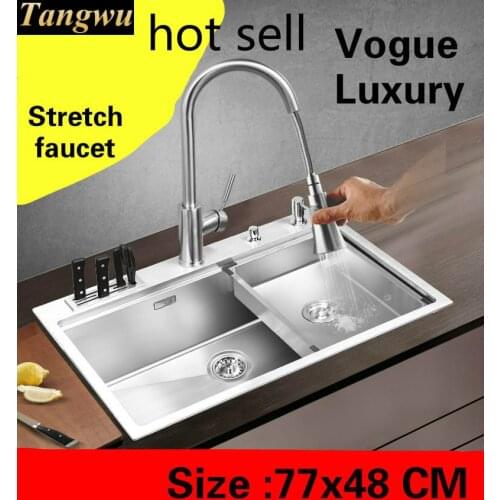 Free shipping Big kitchen manual sink single trough stretch faucet 304 stainless steel push-button drainer hot sell 770x480 MM