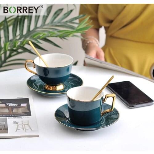 BORREY Ceramic Gold Plated Coffee Cup Saucer Sets Phnom Penh Nordic Style Milk Breakfast Morning Mugs Office Coffee Tea Mug230ML
